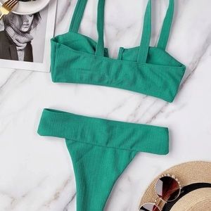Knot Front Ribbed V Wired Bikini Swimsuit